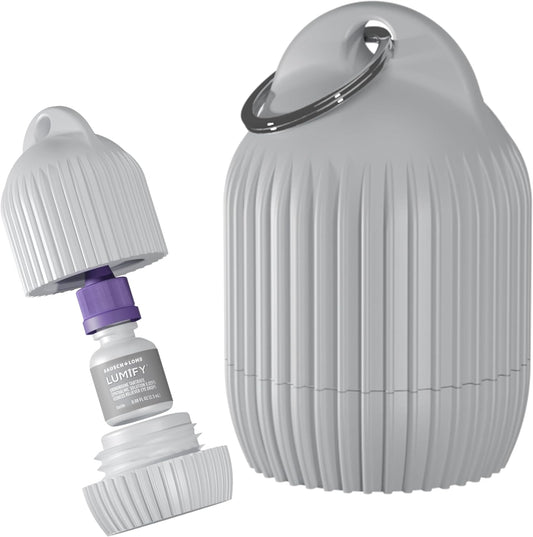 Generic travel case for Lumify eye drops front view showing the white round container with modern line pattern