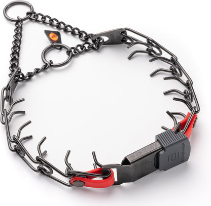 Herm Sprenger cerulean blue biothane insert dog collar highlighting the sliding black plastic jacket