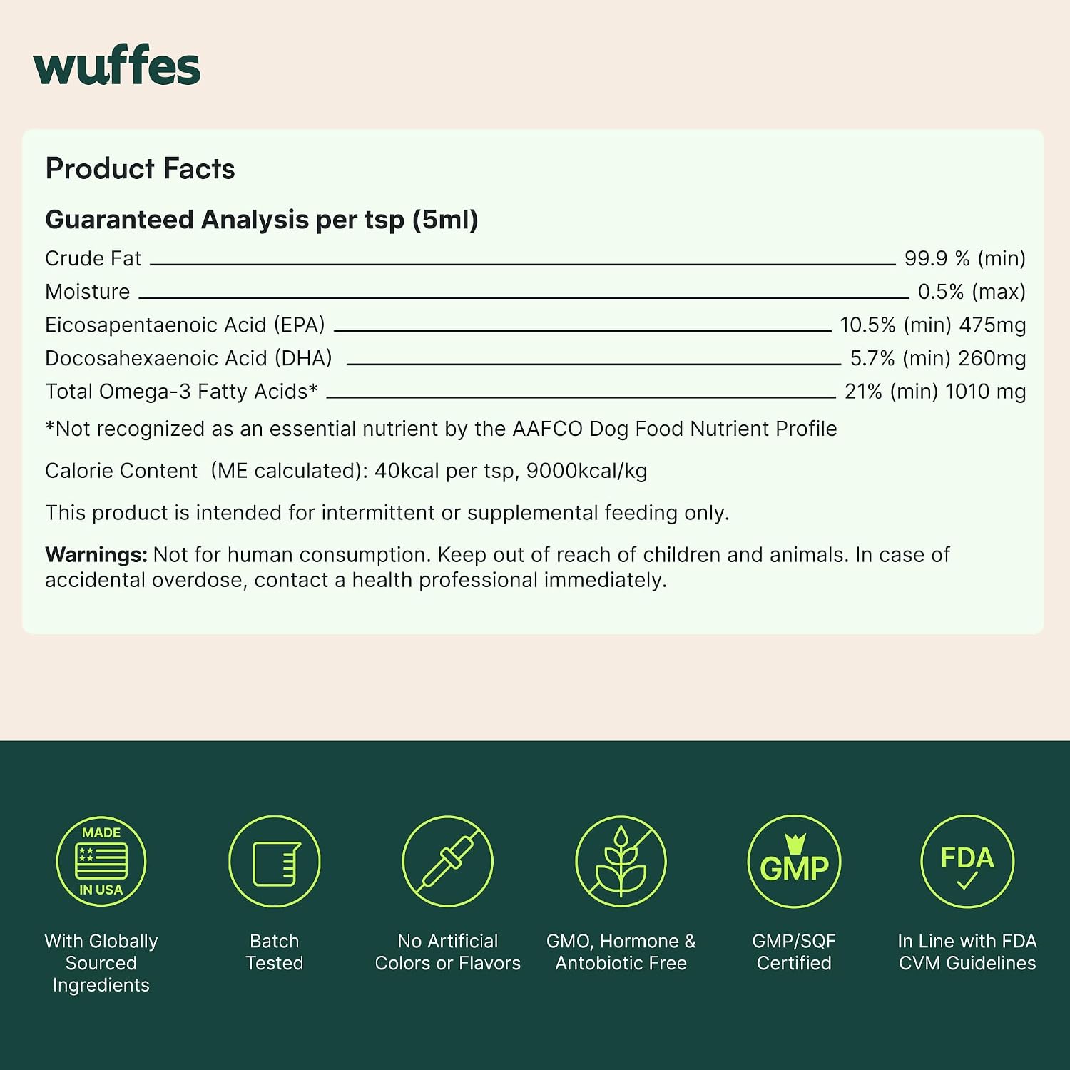 Wuffes premium imported USA pet health product packaging close up