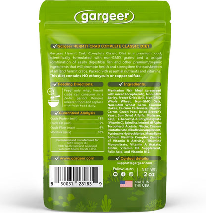 Gargeer granular hermit crab food back label showing ingredients list