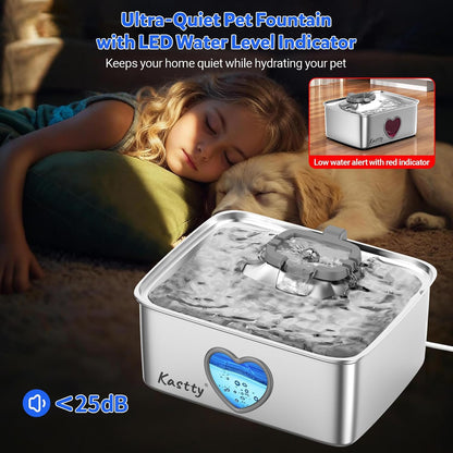 Kastty water fountain showing blue LED water level indicator