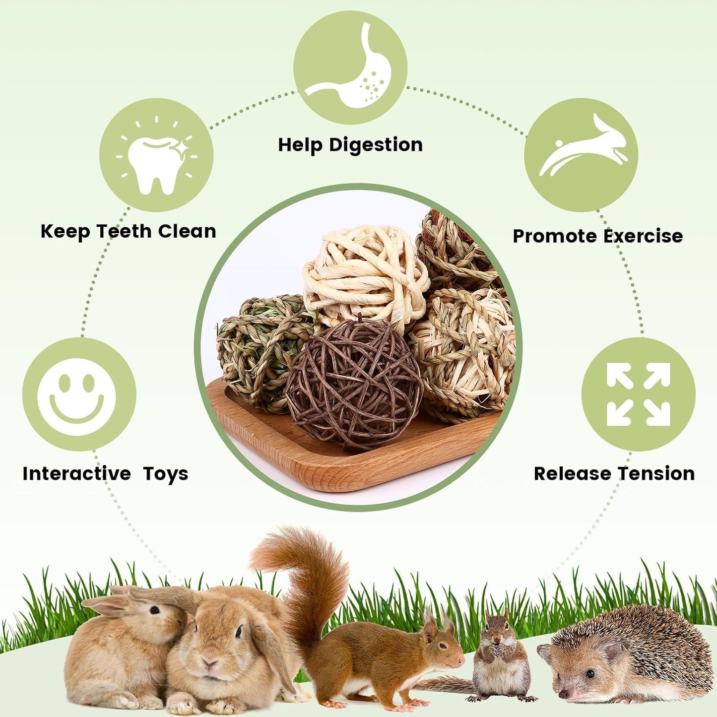 Timothy hay and corn leaf balls for pet dental care health