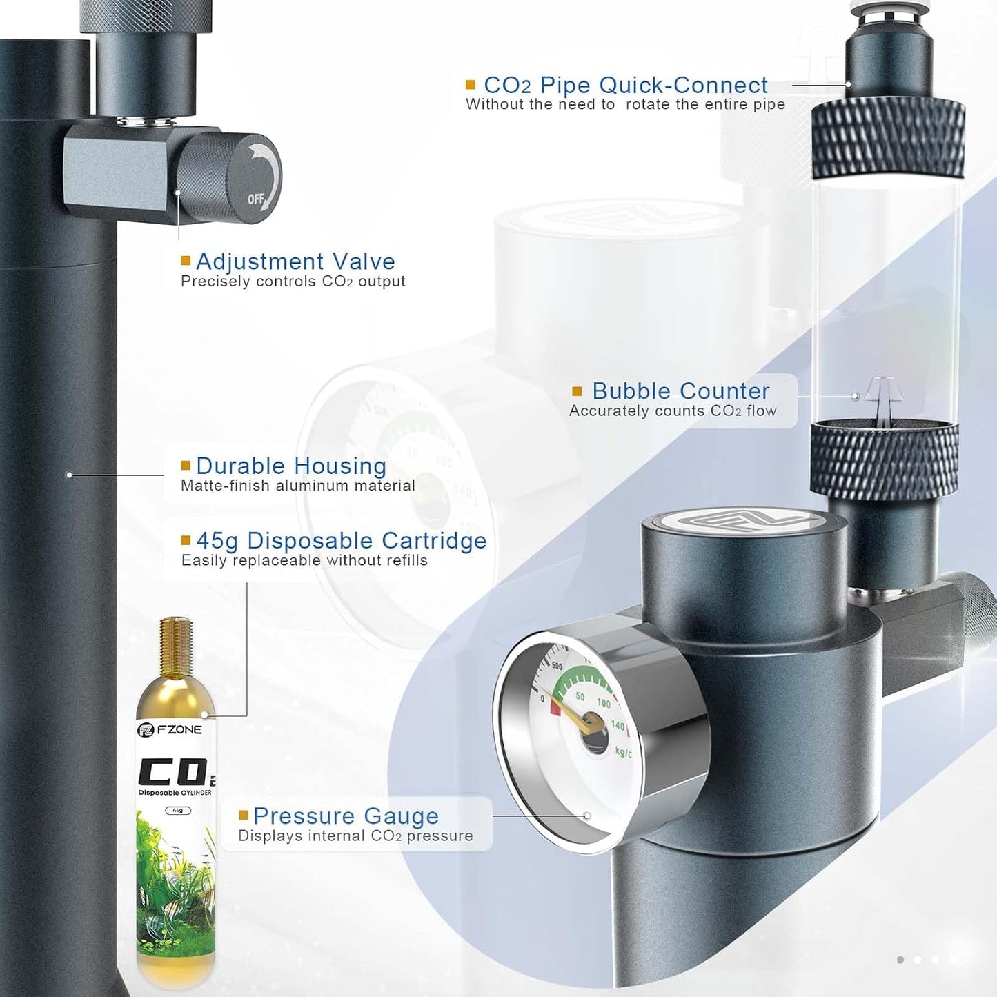 FZONE compact aquarium regulator showing 45g disposable cylinder attachment