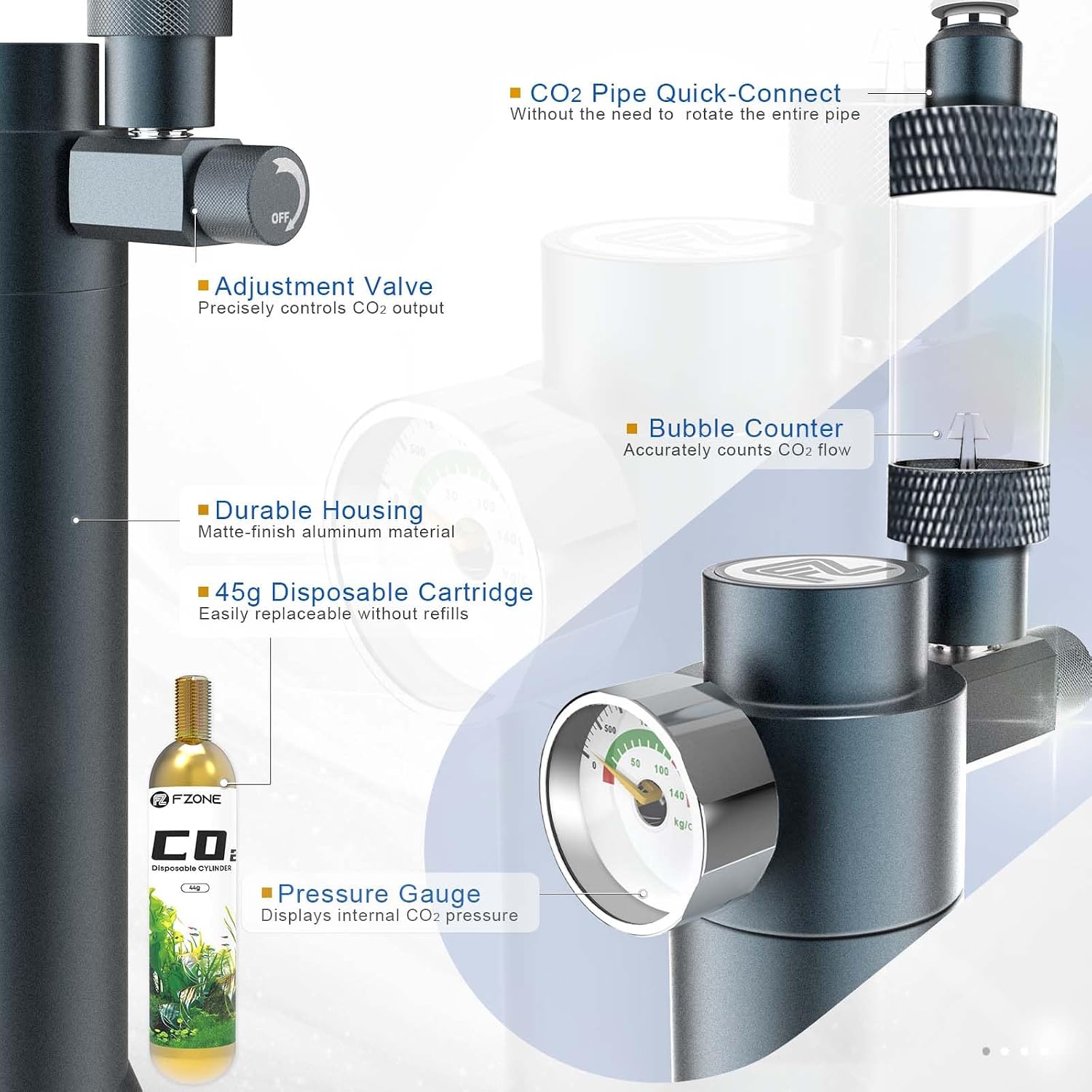 FZONE compact aquarium regulator showing 45g disposable cylinder attachment