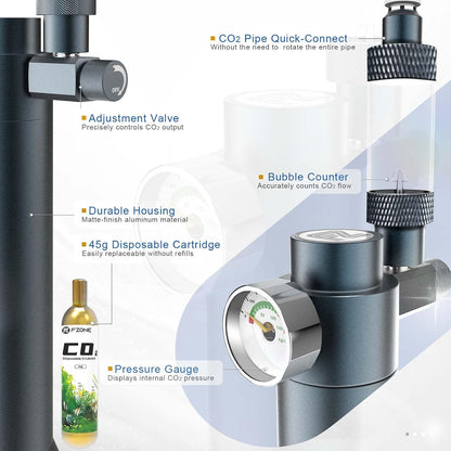 FZONE compact aquarium regulator showing 45g disposable cylinder attachment