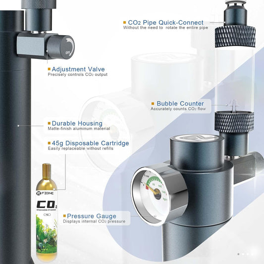 FZONE compact aquarium regulator showing 45g disposable cylinder attachment