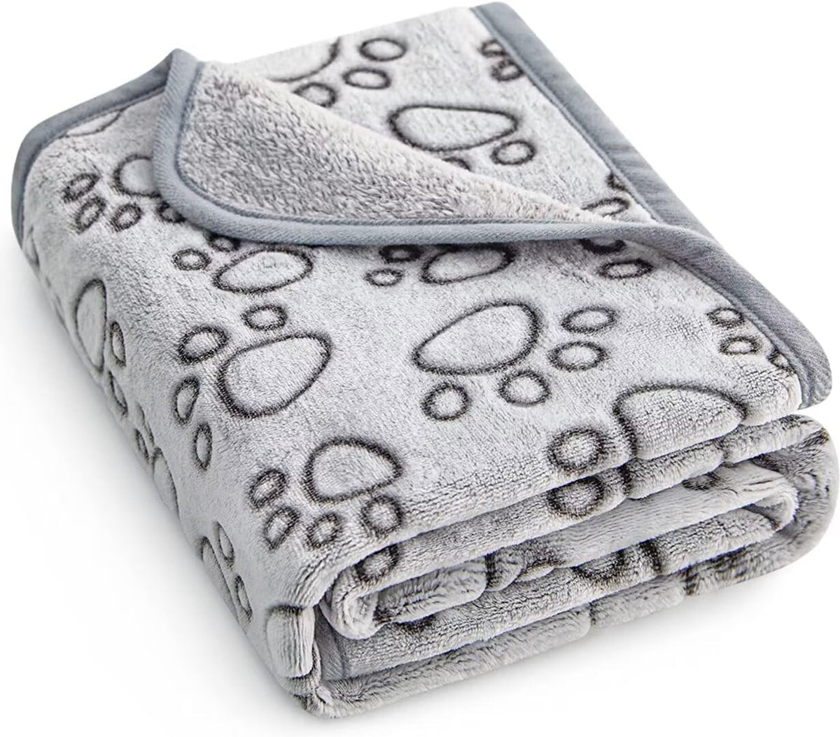 Stuffed premium soft dog blanket front view showing grey paw print design