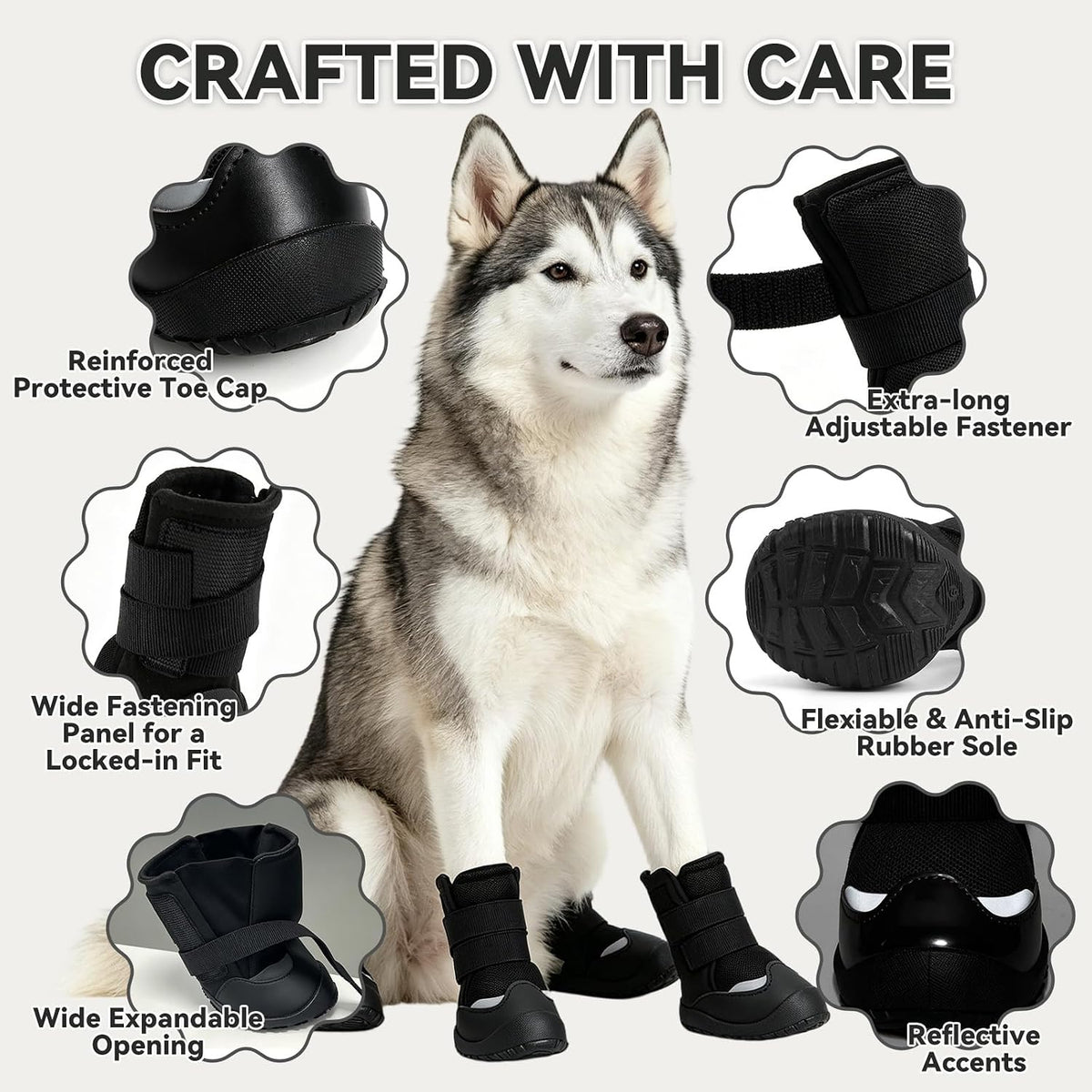 Dog wearing Furrtripsy boots during an outdoor hike