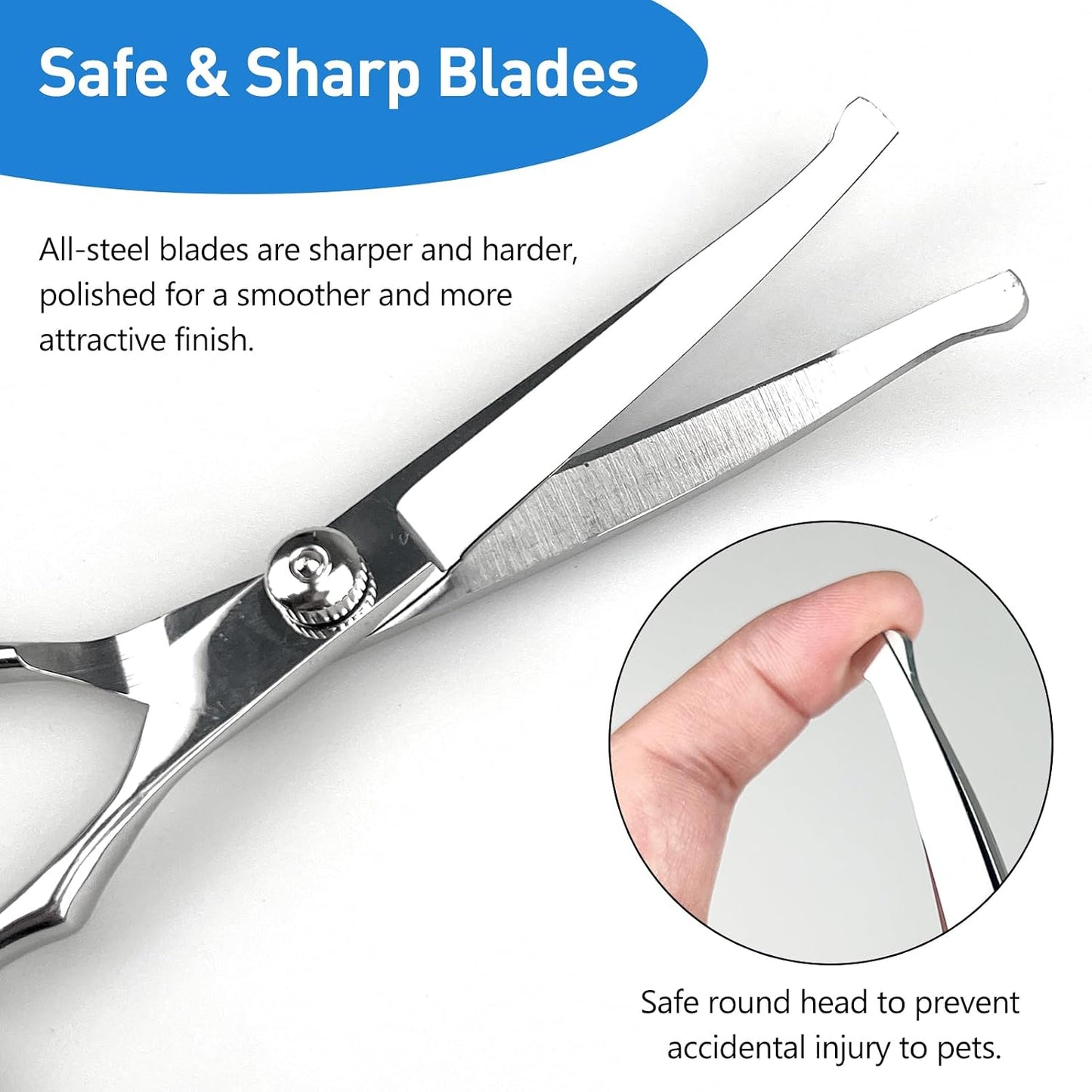 Jaasuee professional pet shears showing the smooth titanium coated curved blades
