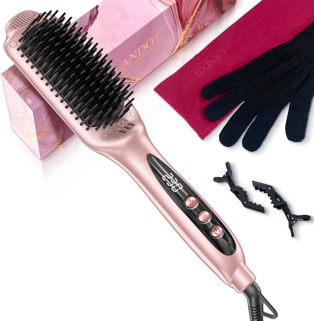 LANDOT Rose Gold Hair Straightener Brush front view showcasing the ceramic bristles and elegant design.