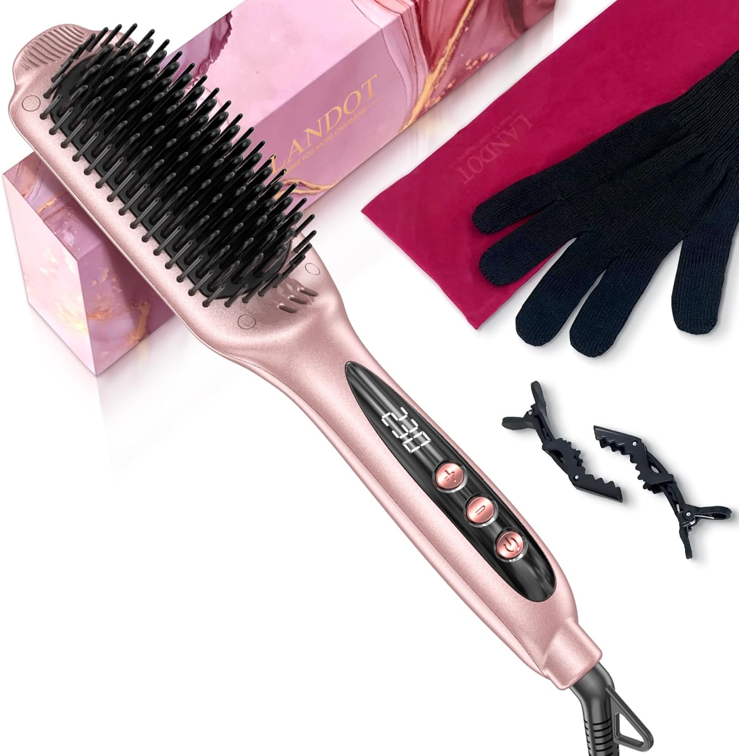 LANDOT Rose Gold Hair Straightener Brush front view showcasing the ceramic bristles and elegant design.
