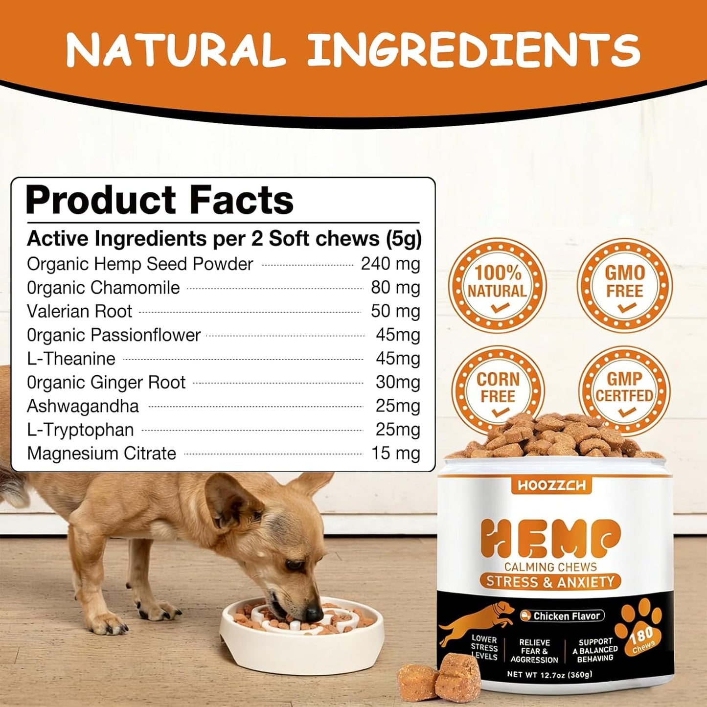 Allyeah behavior support chews for dogs showing daily feeding guidelines and instructions.