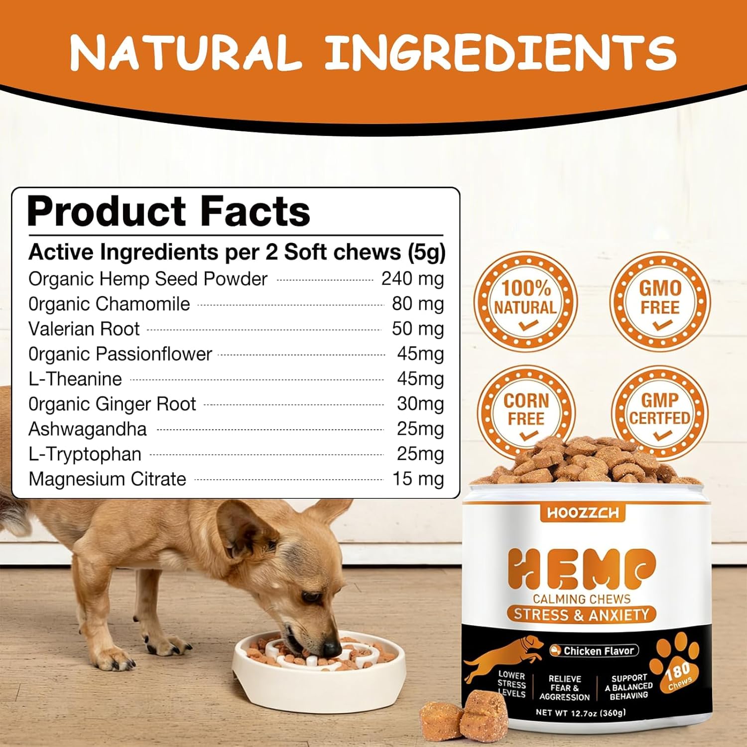 Allyeah behavior support chews for dogs showing daily feeding guidelines and instructions.