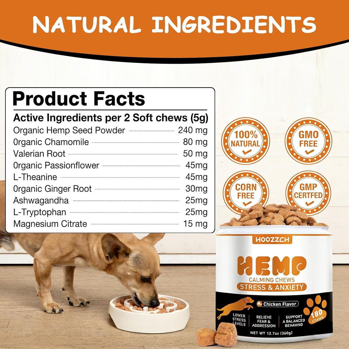 Allyeah behavior support chews for dogs showing daily feeding guidelines and instructions.