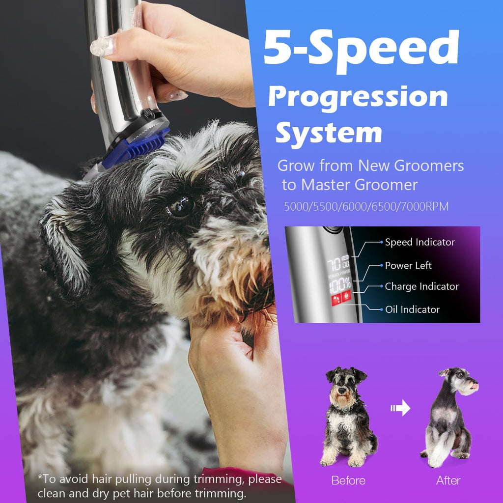 Silver professional dog hair clipper being cleaned with the maintenance brush.