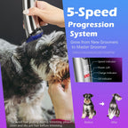 Silver professional dog hair clipper being cleaned with the maintenance brush.