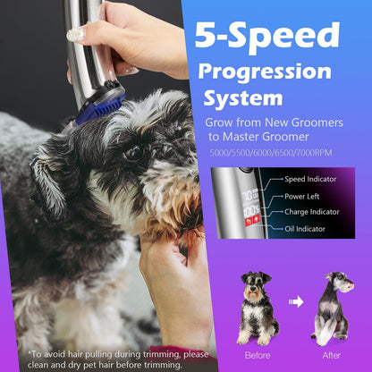 Silver professional dog hair clipper being cleaned with the maintenance brush.