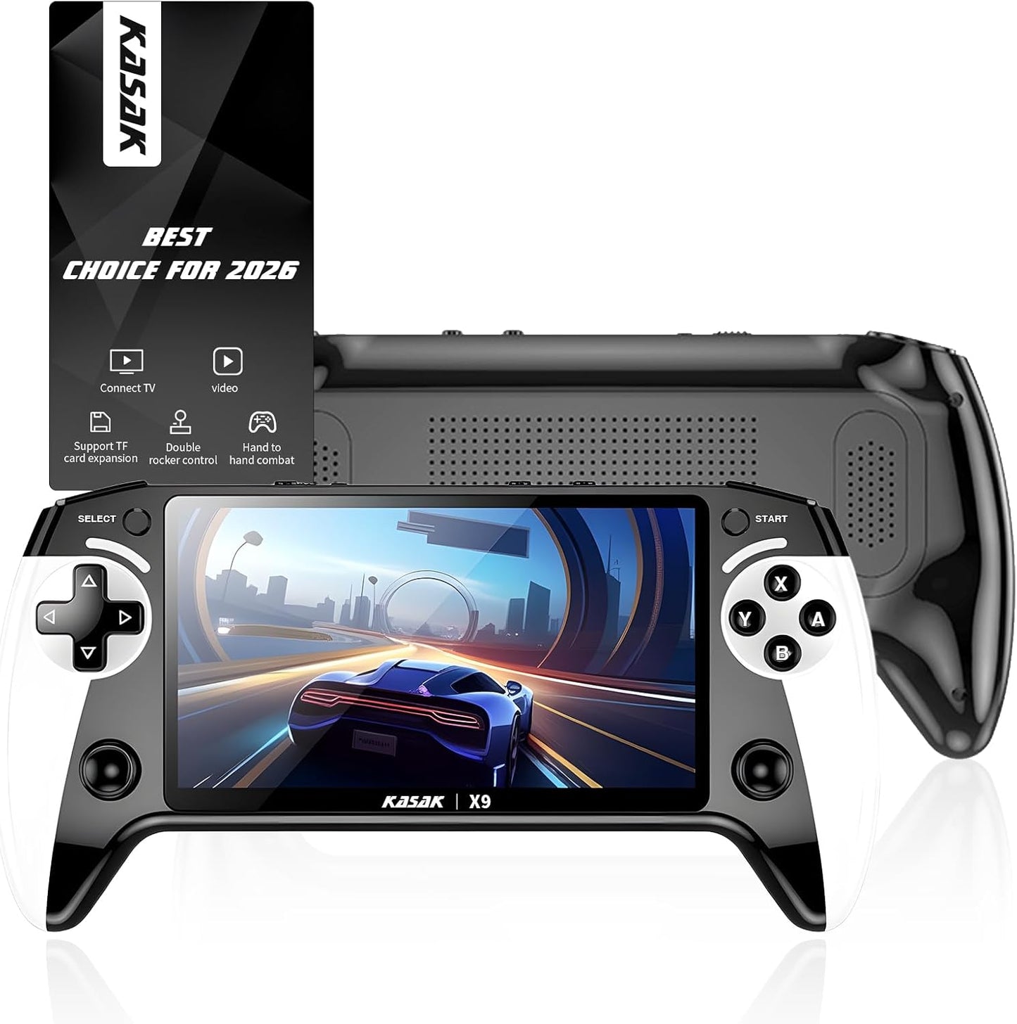 Kasak X9 retro handheld game console front view showing HD screen