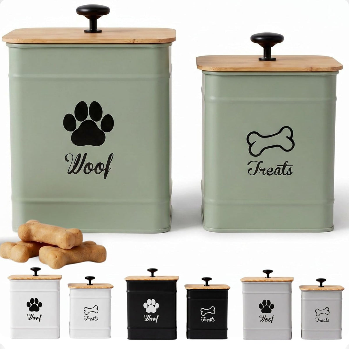 Dog Treat Container Airtight Set of 2 - 8x6 & 7x5 inch Iron Dog Treat Jars for Kitchen Counter with Airtight Bamboo Lids - 20 Cup Capacity Pet Treat Container Set - Doggie Cookie Jar - Treats Canister - Image 14
