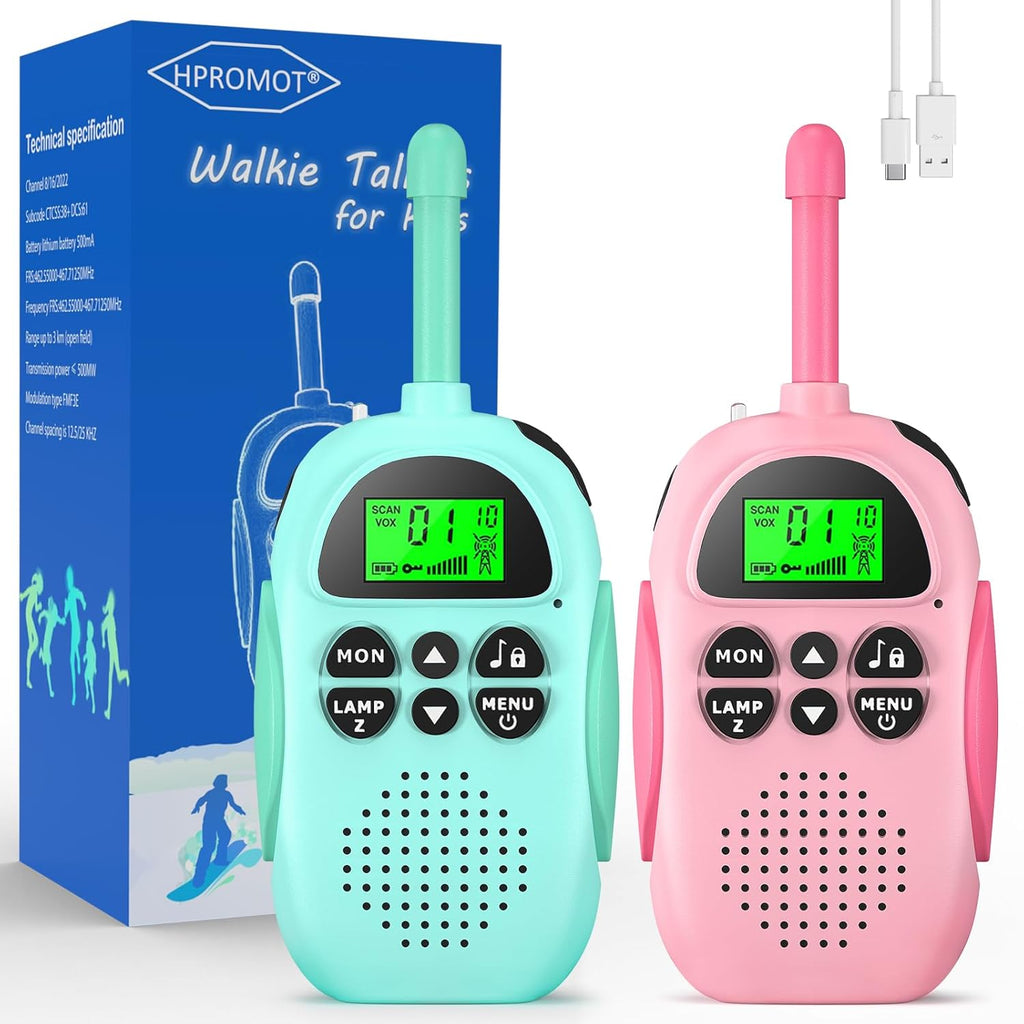 HPROMOT rechargeable walkie talkies for kids front view showing two pack set in bright colors with backlit LCD screen.