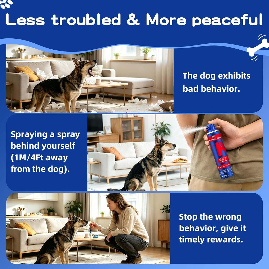Educational graphic showing 3 steps to use dog trainer spray