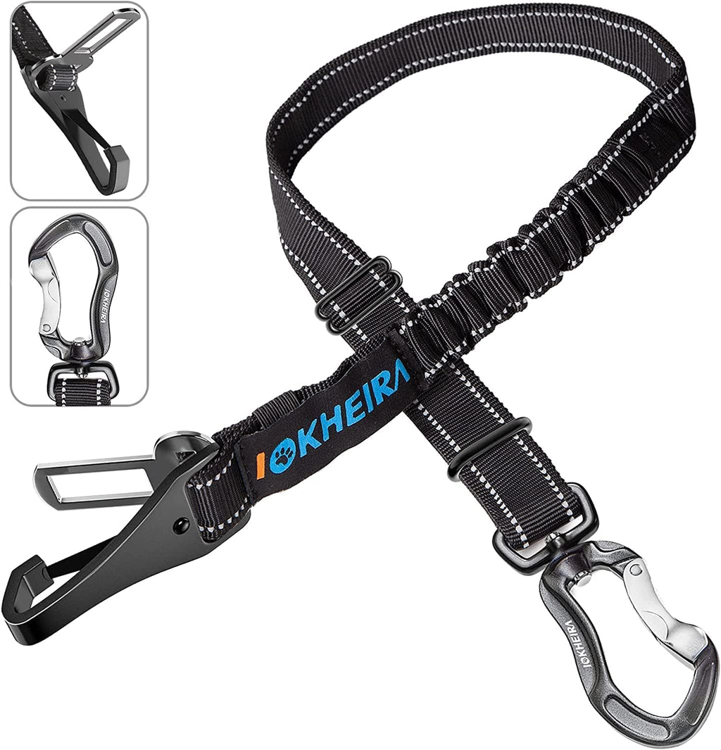 Iokheira dog seatbelt with reflective bungee and aluminum carabiner