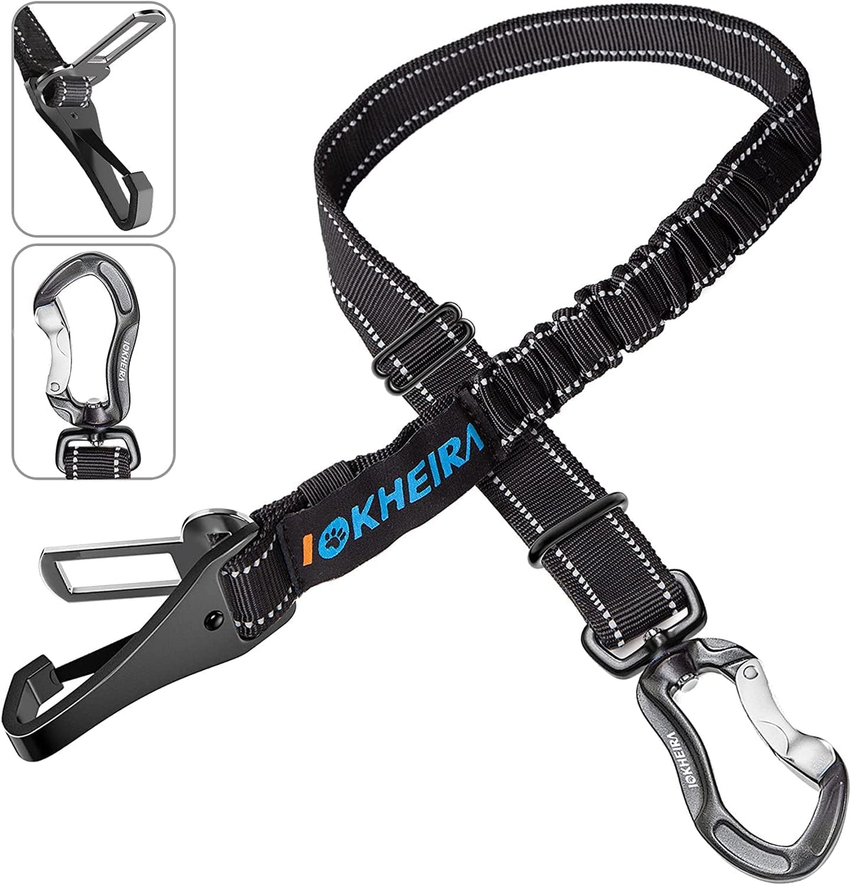 Iokheira dog seatbelt with reflective bungee and aluminum carabiner