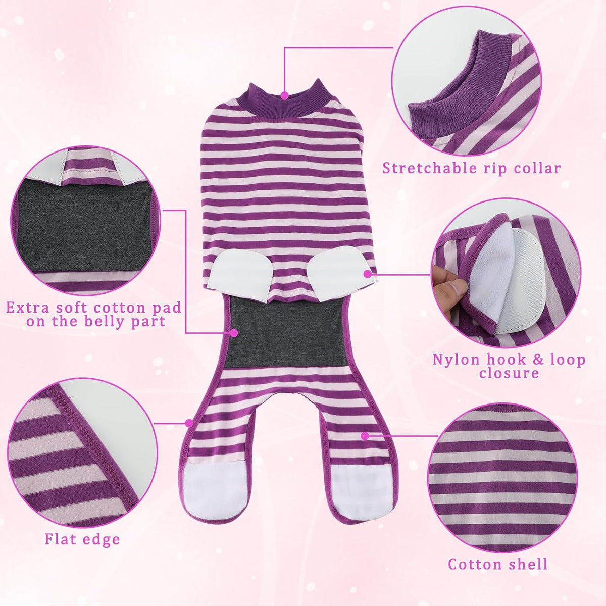 Quearn pet surgery recovery clothes side view purple and pink stripes