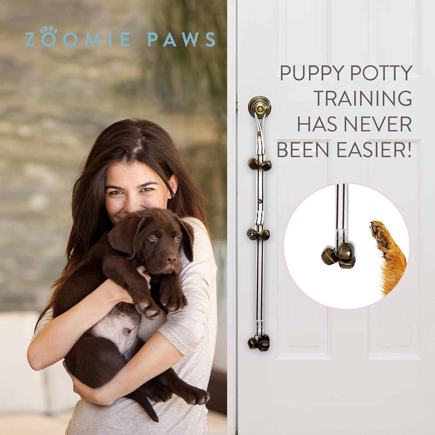 Side view of Zoomie Paws dog doorbell for door training