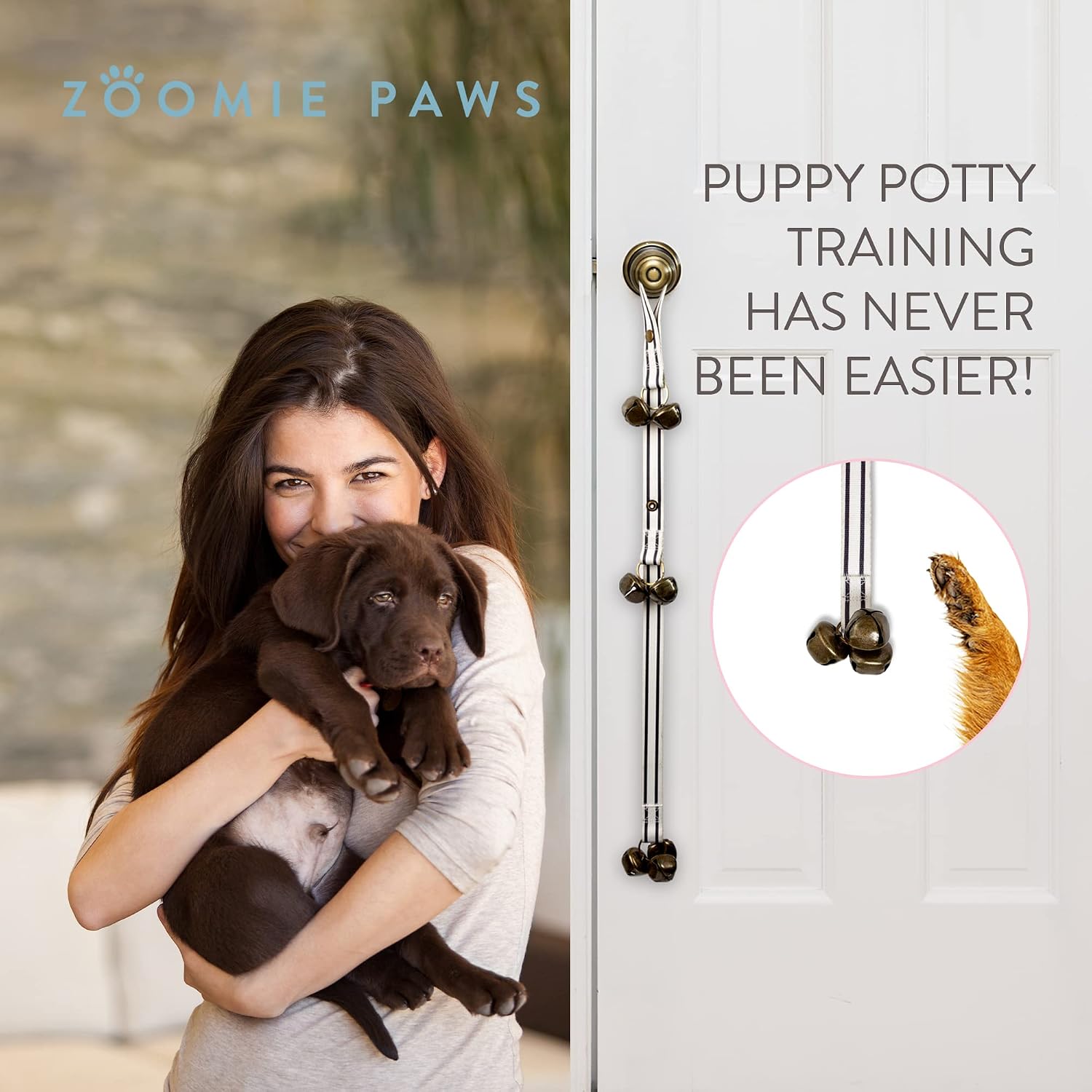 Side view of Zoomie Paws dog doorbell for door training
