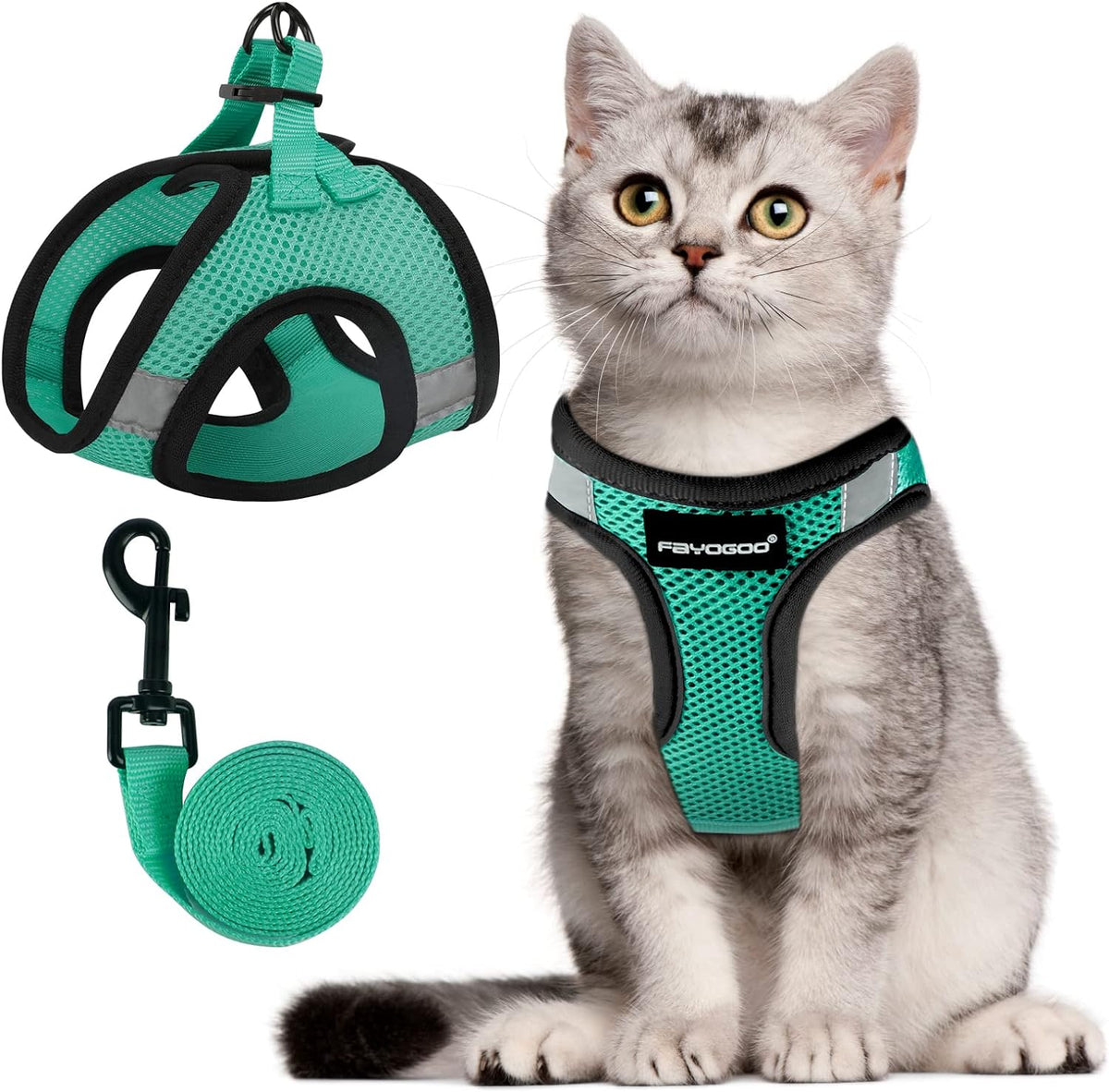 FAYOGOO escape proof cat harness and leash set green front view on a cat