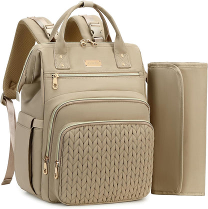 AIJIEKE diaper bag backpack brown taupe front view with premium quilted design for stylish travel