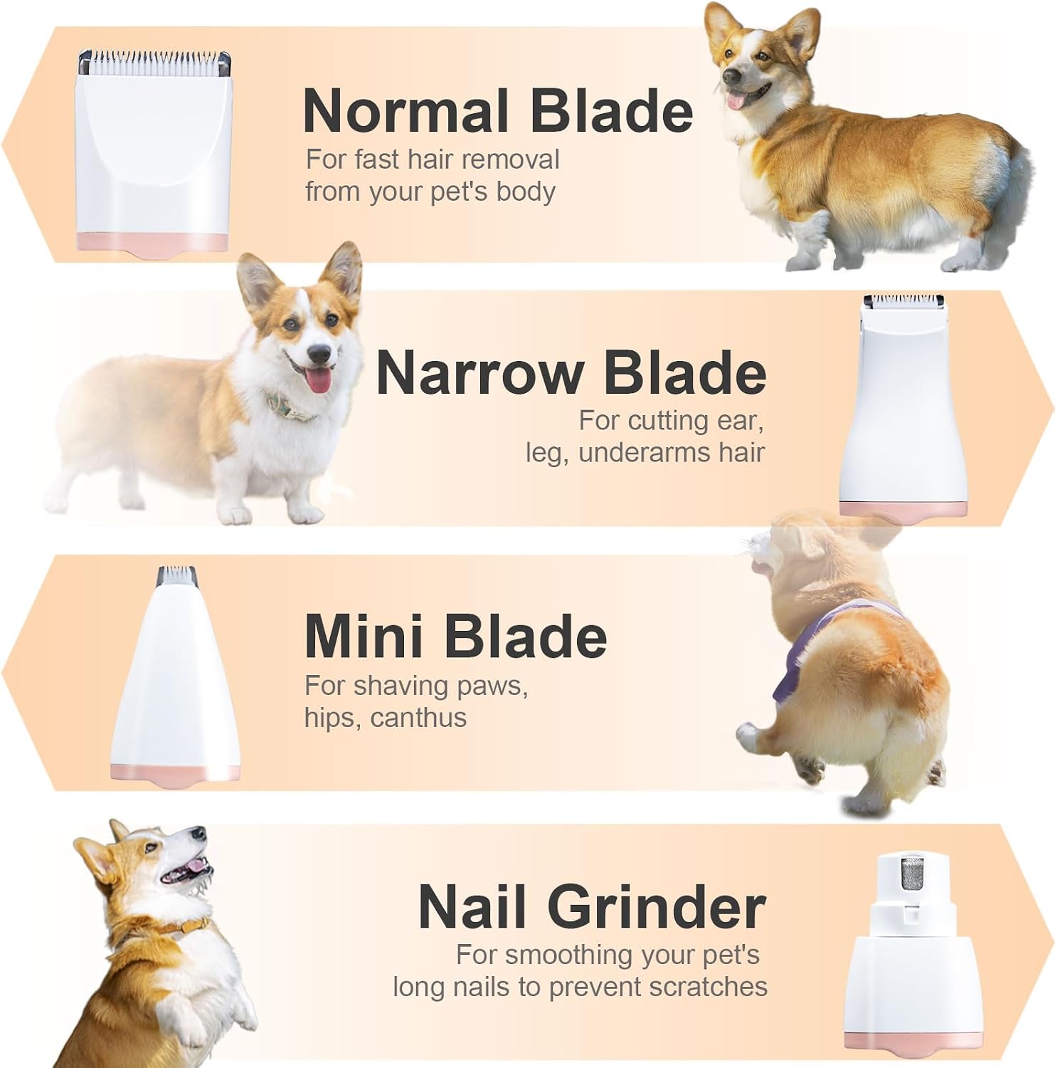 KIKETECH four in one pet hair trimmer set with all interchangeable heads including paw shaver and nail grinder