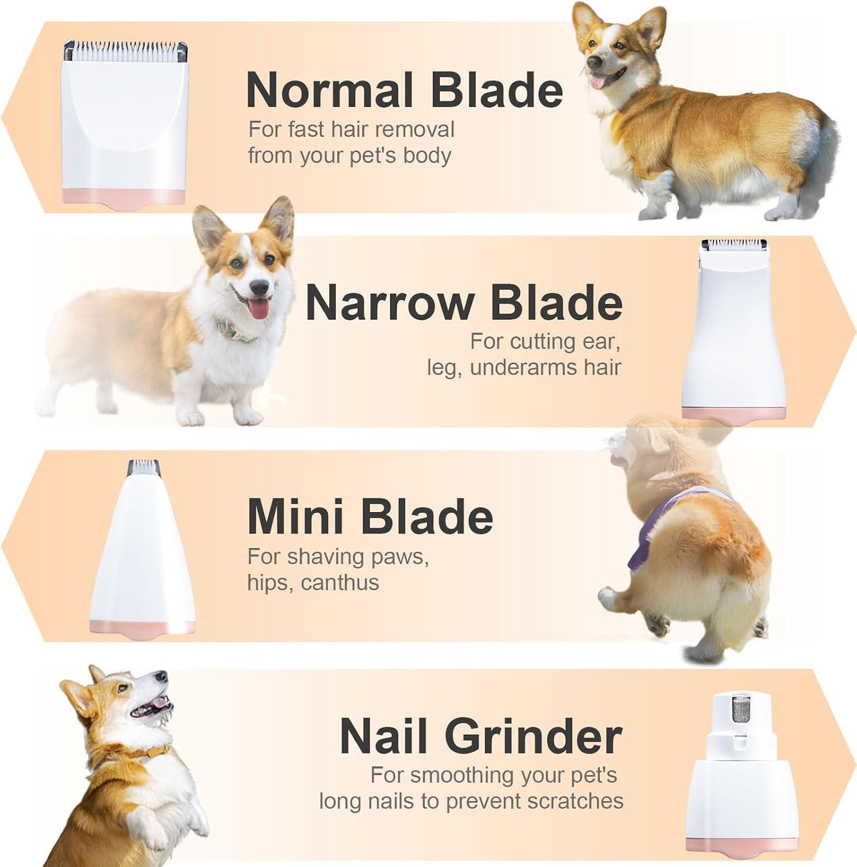 KIKETECH four in one pet hair trimmer set with all interchangeable heads including paw shaver and nail grinder