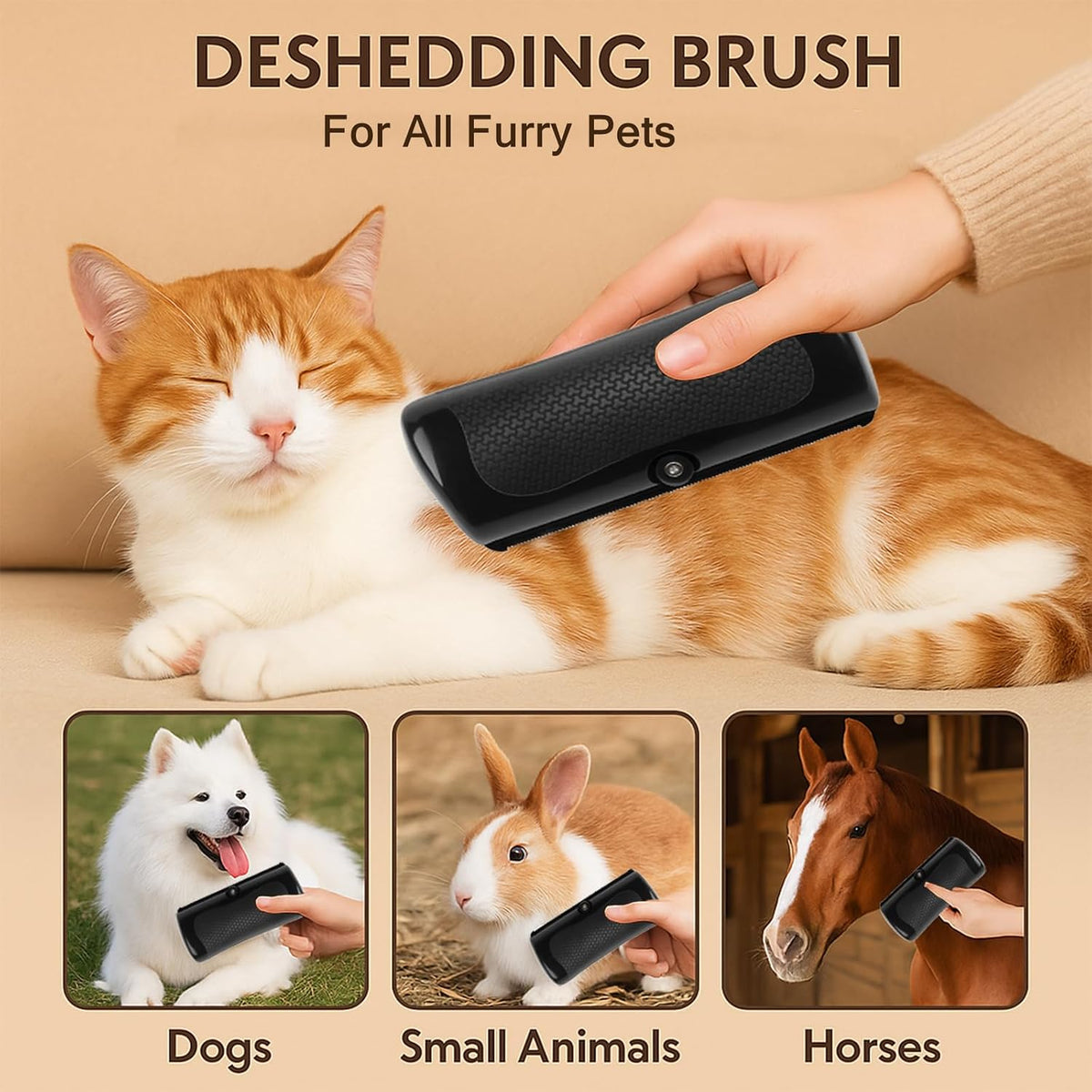 YEAHGO easy clean pet grooming tool showing the one button fur release mechanism being pressed.