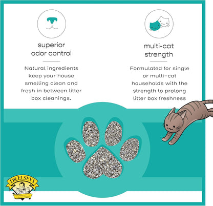 Top view of Dr. Elsey's R&R clumping cat litter in a litter box