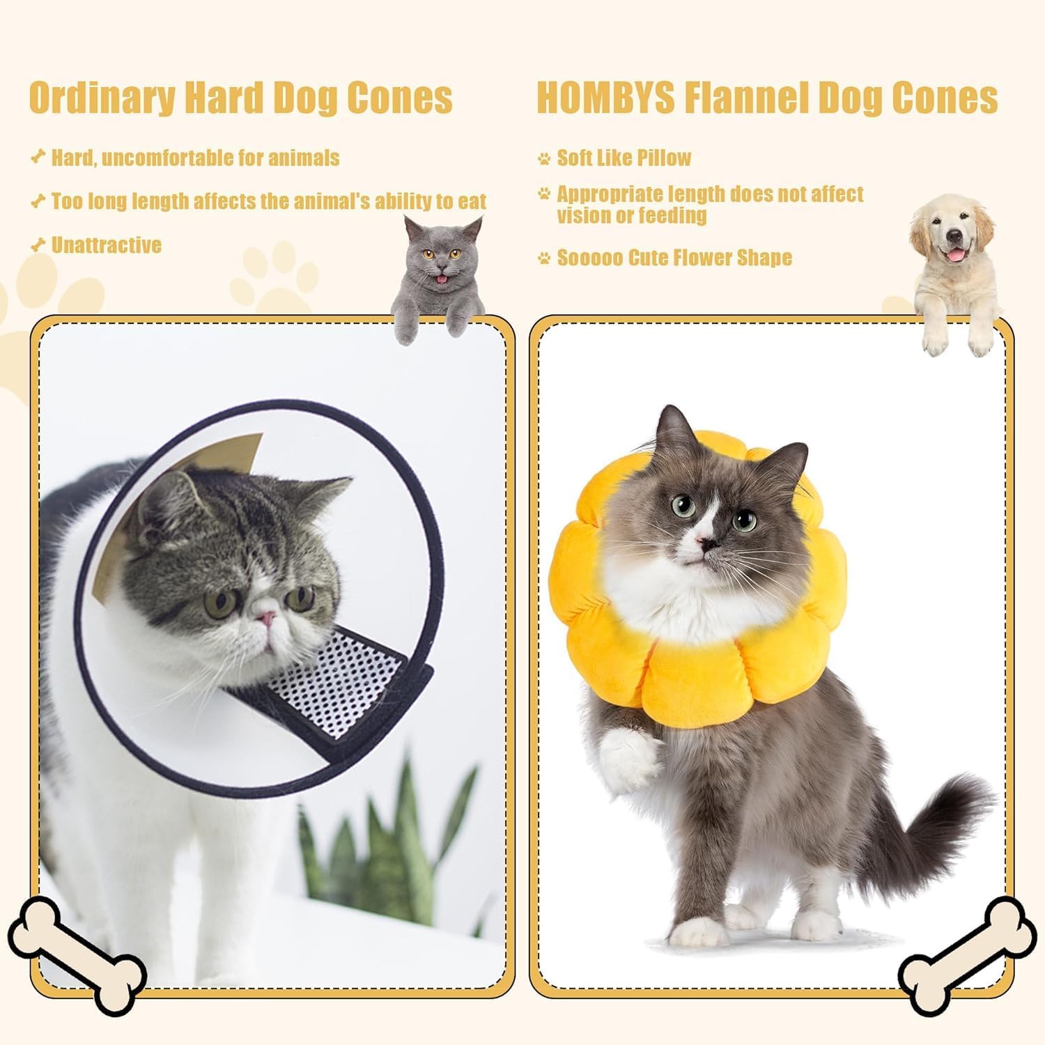 HOMBYS soft puppy cone highlighting the lightweight and breathable yellow polyester fabric.
