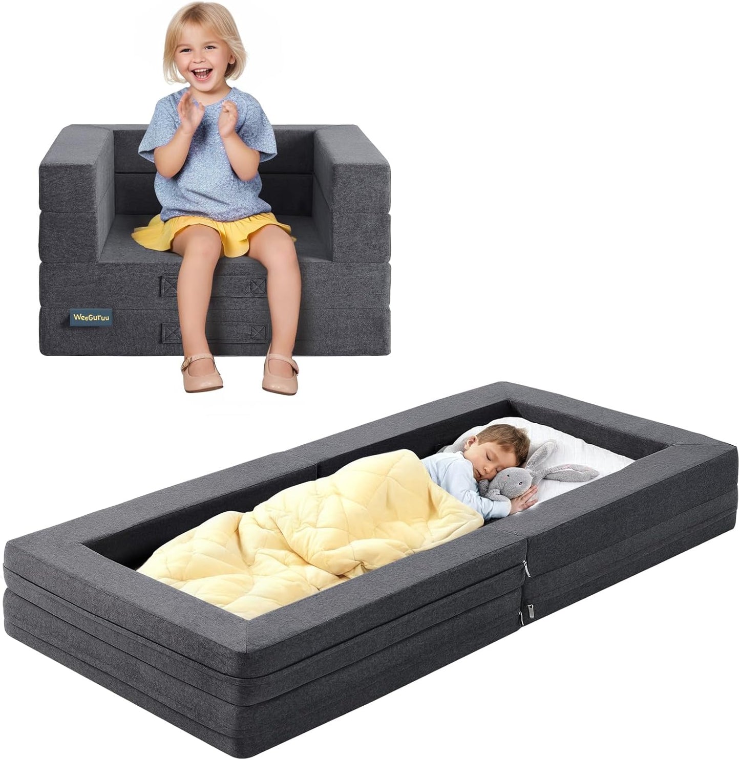 WeeGuruu travel toddler bed in dark gray color set up as a floor bed front view