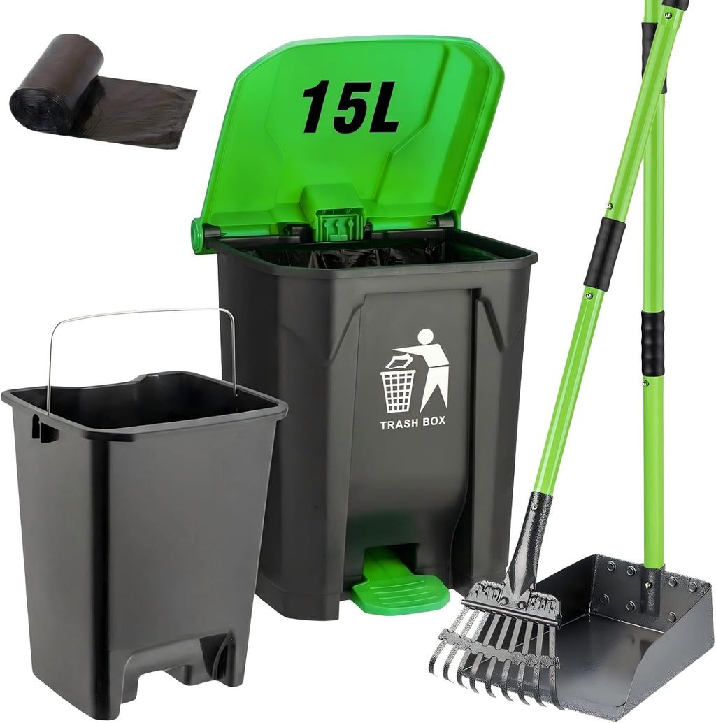 MXF Pooper Scooper Set front view displaying the green outdoor trash can with a step pedal