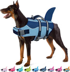 Shark style dog swimming jacket showing upright fin and back view.