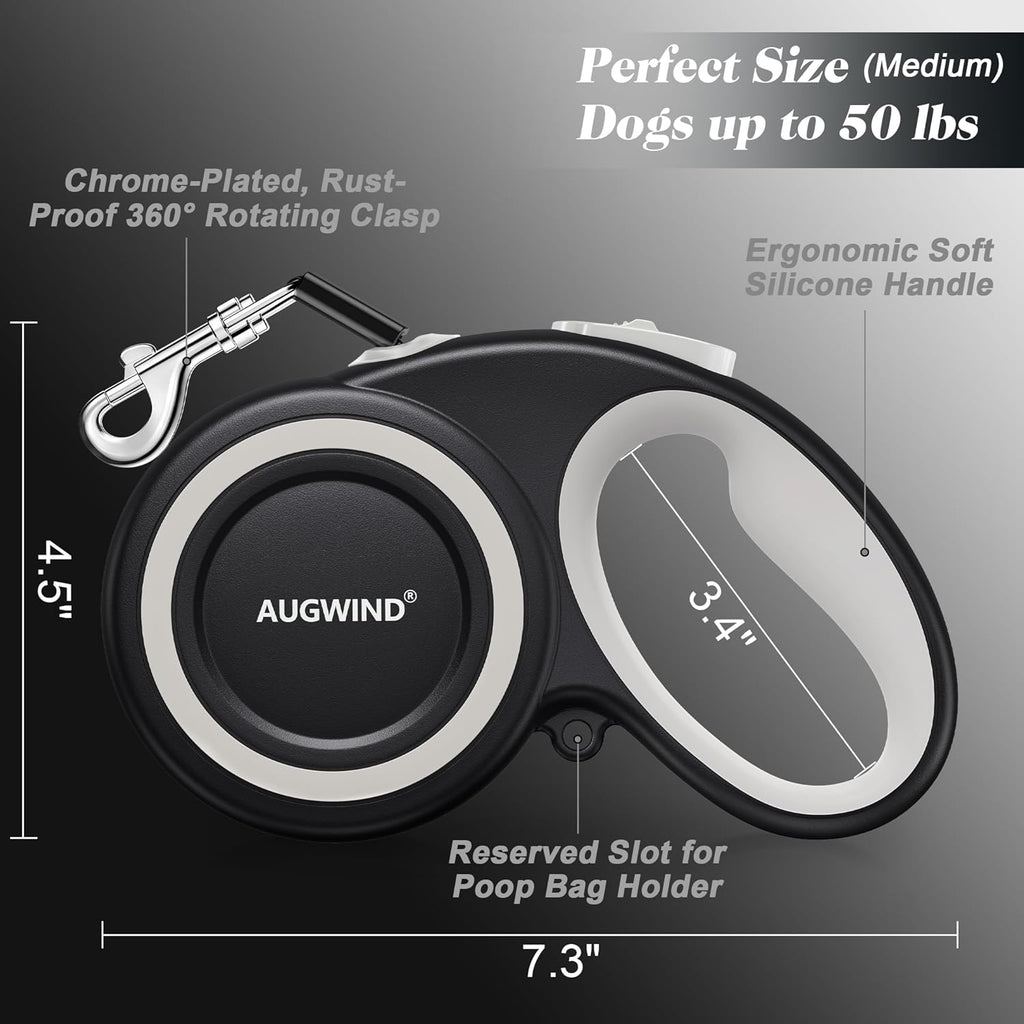 Augwind retractable leash mechanism showing tangle-free hook