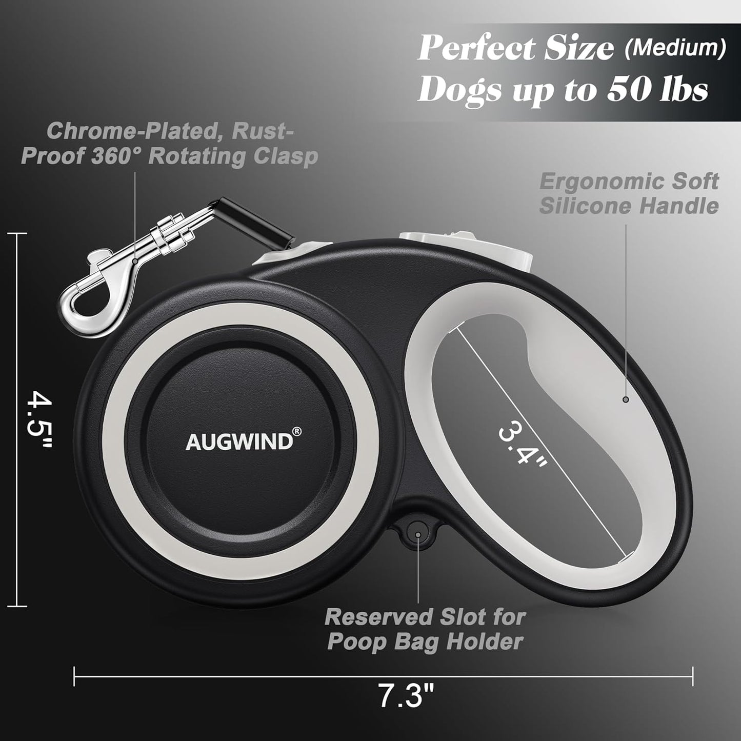 Augwind retractable leash mechanism showing tangle-free hook