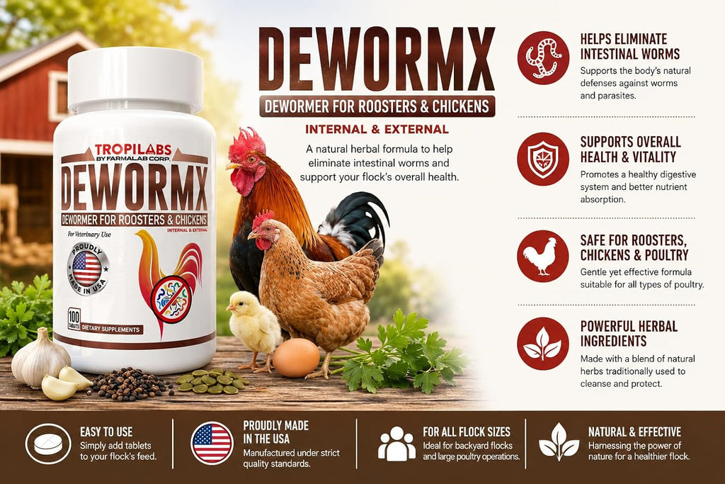 Poultry dewormer tablets packaging and bottle side view