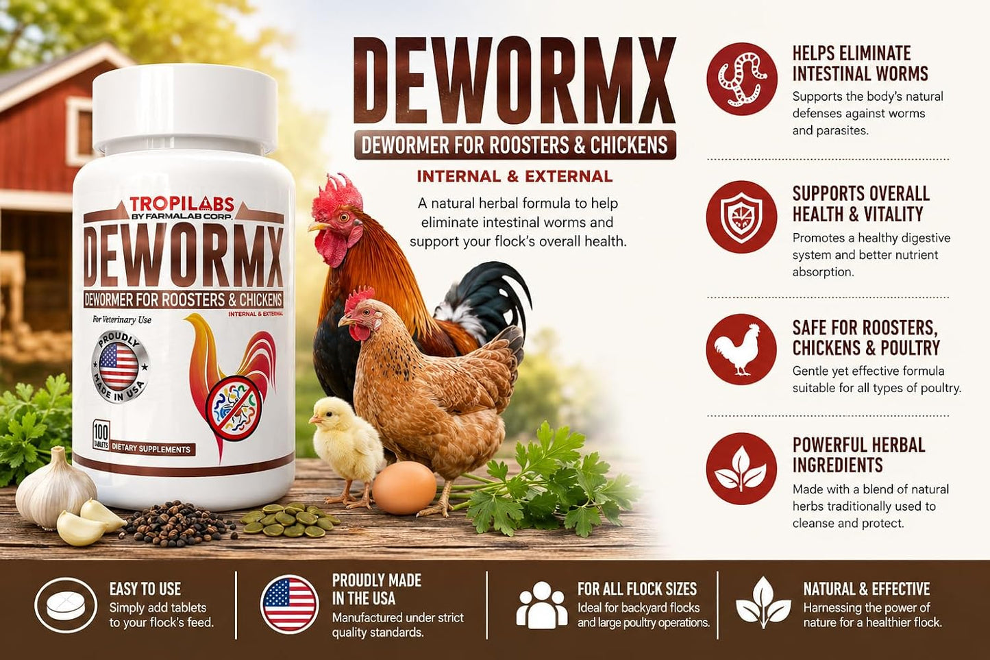 Farmalab natural deworming tablets container showing instructions for roosters hens and baby chicks.