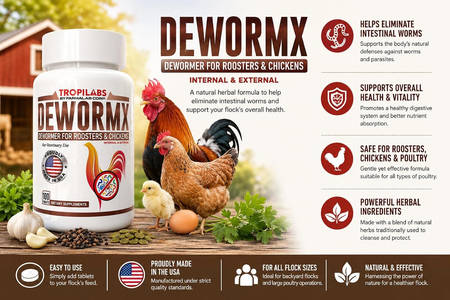 Farmalab natural deworming tablets container showing instructions for roosters hens and baby chicks.