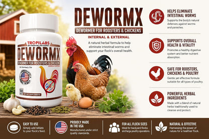Farmalab natural deworming tablets container showing instructions for roosters hens and baby chicks.