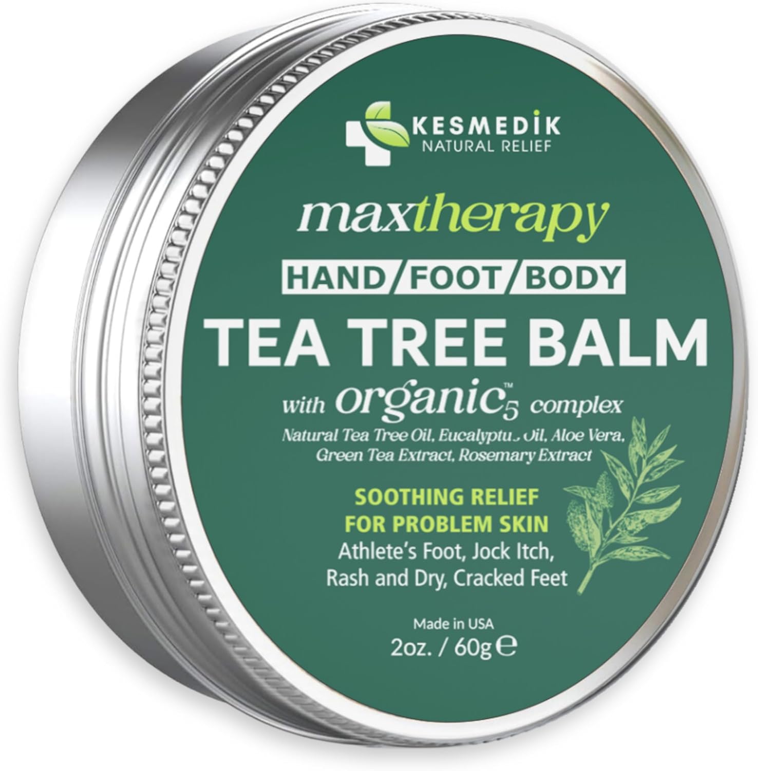 KESMEDIK MaxTherapy Tea Tree Oil Balm front view for skin rash relief