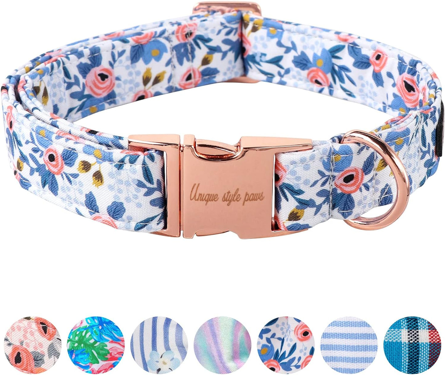 Unique Style Paws dog collar with red rose print front view