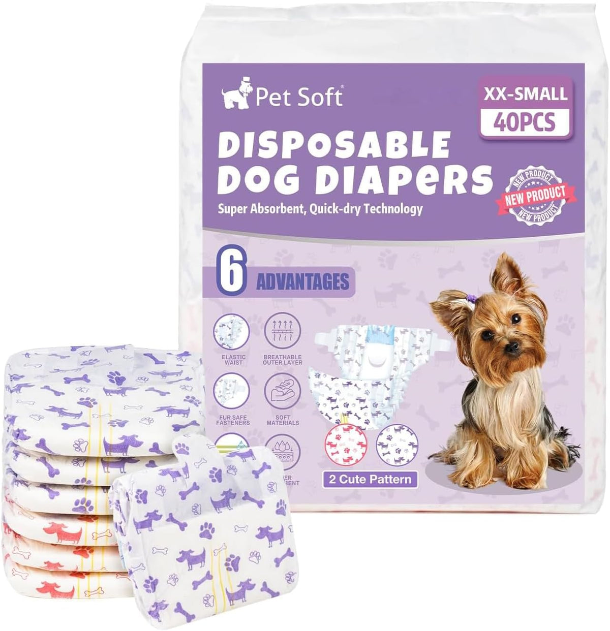 Pet Soft Female Dog Diapers front view of forty pieces packaging showcasing purple and red patterns