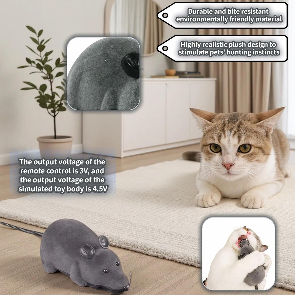 Remote Control Mouse Cat Toy, Realistic RC Interactive Pet Toy with Wireless Controller, Forward and Backward Movement, Gray Plush Electronic Mouse for Cats and Dogs, Funny Pet Teaser for Indoor Cats - Image 9